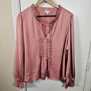 J. Crew Ruffle Neck Pintuck Mauve Pink Blouse Bishop Sleeve Sz 3X Soft Girl Chic